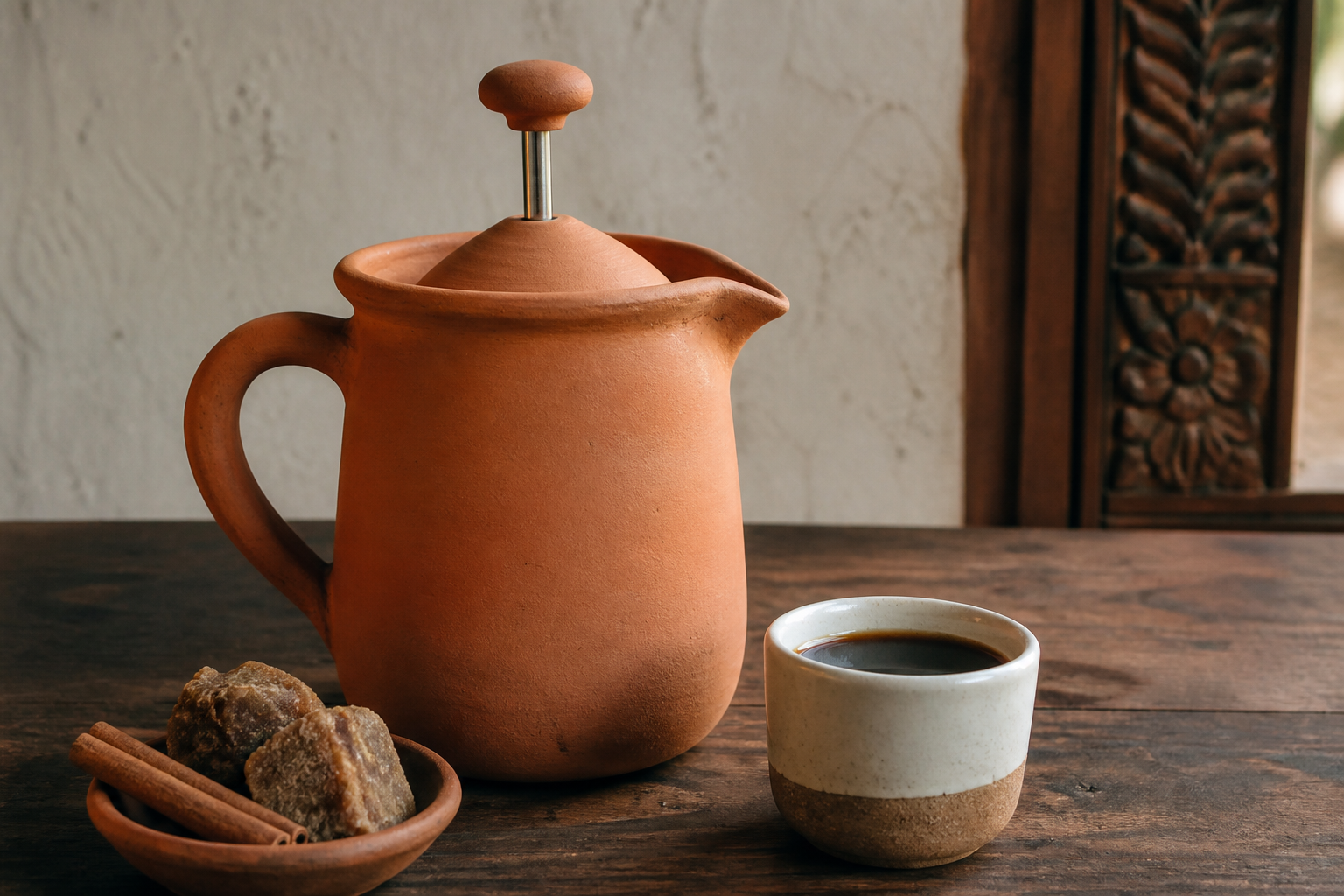 Clay coffee press with cinnamon and piloncillo