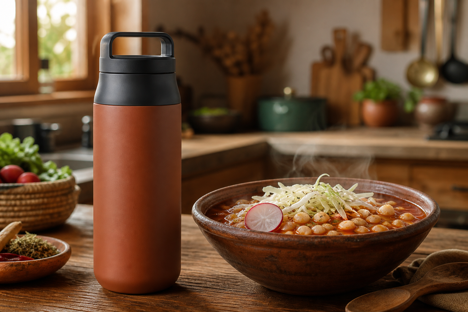 Terracotta insulated flask beside a bowl of posole